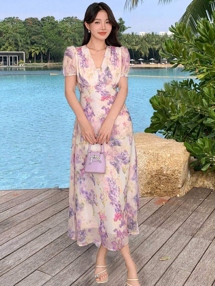 DAZY Women's Ditsy Floral V-Neck Short Sleeve Casual Long Dress Summer Sundress Vacation Outfits Women Easter - Pink - View 1