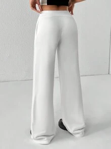 SHEIN PETITE Comfortable And Casual Plain Knitted Low-Rise Wide-Leg Women's Sweatpants