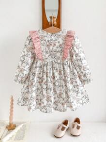 Cozy Pixies Babymeisjesjurk met ditsy bloemenpatchwork, geplooide kraag, lange mouwen en getailleerde taille
