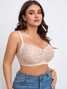 1pc Plus Size Lace Trim Sexy Soft Body Wireless Lingerie Bra - Apricot - View 4