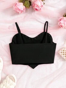 SHEIN Tween Girls' Fitted Heart-Shaped Pearl Decor Camisole Top - Black - View 2