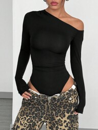 SHEIN EZwear 1 pezzo Body aderente monospalla a maniche lunghe, nero, semplice e alla moda per uso casual quotidiano