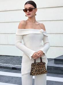 EURMUSE Vrouwen S Trendy Ruffle Collar 3d Flower Off-Shoulder Getailleerde Gebreide Trui Top En Trui Broek 2 stuks 2 Tweedelige Set Co-Ords