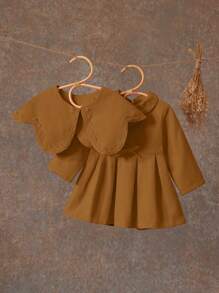 SHEIN 女婴粉色蝴蝶结装饰休闲连衣裙，可爱简约，适合日常穿着 - 駝色 - 查看 3