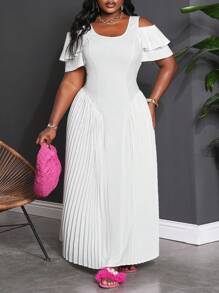 Slaydiva Robe d'épaules dénudées taille unicolore à volants et coupe ajourée, convenant aux grandes tailles. Appropriée pour le mariage, élégante, douce, romantique, sortie en amoureux. - Blanc - Voir 6