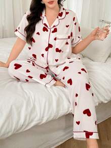 Dream Adore Ensemble robe et pyjama grandes tailles, imprimé cœur aquatique, chemise à manches courtes rouge et pantalon long