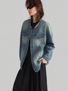 Ontre 女式前扣长袖口袋简约休闲牛仔夹克 - 藍色 - 查看 2