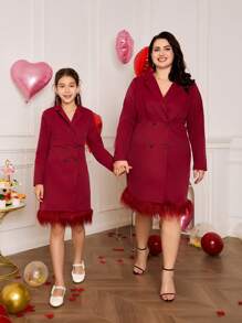 SHEIN 1 chiếc váy dài tay chắp vá cổ bẻ cho bé gái, phong cách thời trang, trang phục gia đình đồng bộ (bán riêng 2 chiếc) - Màu Hồng Tươi - Xem 4