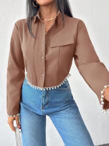 EURMUSE 女士长袖仿口袋珍珠细节衬衫 - 米色 - 查看 6