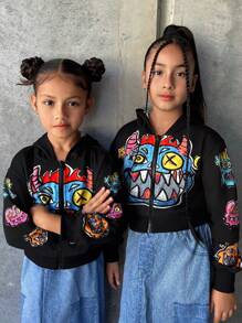 SHEIN Explorewe Mother-Daughter Matching Girls Casual Funny Cartoon Monster Pattern American Street Hip Hop Hooded Zipper Short Sweatshirt - Black - View 4