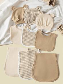 9pcs/Set Infant Burp Cloths, Bibs & Hats, Soft Breathable Striped Neutral Style, Newborn Gift