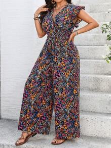 SHEIN Clasi Plus Size Women V-Neck Ruched Ditsy Floral Flounced Jumpsuit, Cooling Dress, Stress Relief Outfit, Elegant Fashion Women Lounge Dress, Summer Outfits For Women, St. Patrick's Day, Rave Outfits, Festival, Spring Break, Boho - Multicolor - View 3
