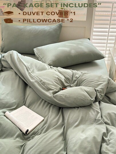3pcs Green Dormitory Bedroom Bedding Set, Super Soft Duvet Cover And 2 Pillowcases Without Filler, Machine Washable