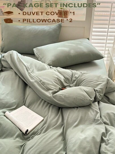 3 件套绿色宿舍卧室床上用品套装，超柔软羽绒被套和 2 个枕套（无填充物），可机洗