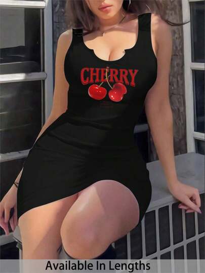 SHEIN PETITE CURVE Plus Size Women Cherry Pattern Casual Minimalist Deep V-Neck Camisole Bodycon Dress, Suitable For Summer, Summer Outfits For Women, Graphic Outfits Women, Concert Outfit Women, Rave Outfits Festival, Streetwear For Women, Graduation Outfit Women