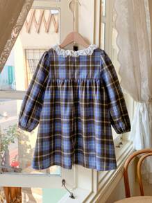 Blossori 年轻女孩法式优雅格纹荷叶边宽松长袖连衣裙 - 藍色 - 查看 2