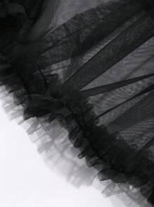 FRIFUL 女士休闲简约风薄纱半身裙，适合日常穿着，荷叶边设计 - 黑色 - 查看 7