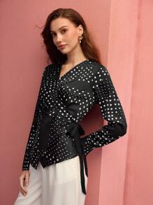 MOTF PREMIUM POLKA DOT WRAP TIE SIDE BLOUSE,SPRING/SUMMER - Black and White - View 7