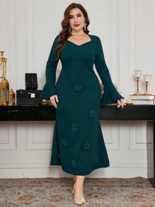 Modelyn Unique Design Elegant Mermaid Floral Dress, Plus Size Fall Cloth For Women - Dark Green - View 4