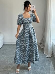 Modelyn 女士方形领口短袖全身印花细节简约休闲长裙 - 藍色 - 查看 1