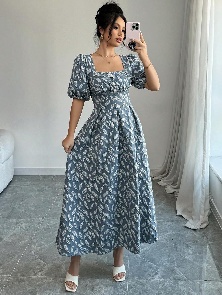 Modelyn 女士方形领口短袖全身印花细节简约休闲长裙 - 藍色 - 查看 1