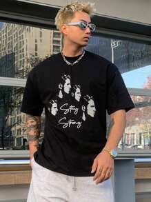 DAZY Summer Pixel People Portrait & Letter Print Black T-Shirt For Men,Graphic Tees - Black - View 1