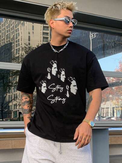 DAZY Summer Pixel People Portrait & Letter Print Black T-Shirt For Men,Graphic Tees
