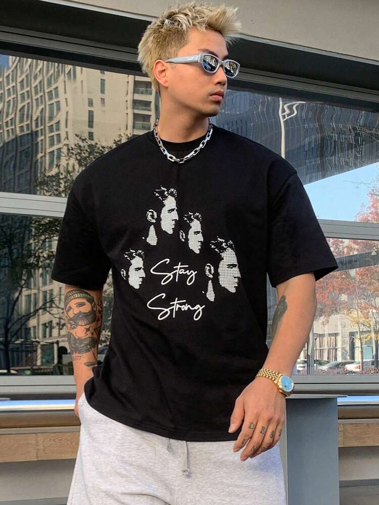 Summer Pixel People Portrait & Letter Print Black T-Shirt For Men,Graphic Tees