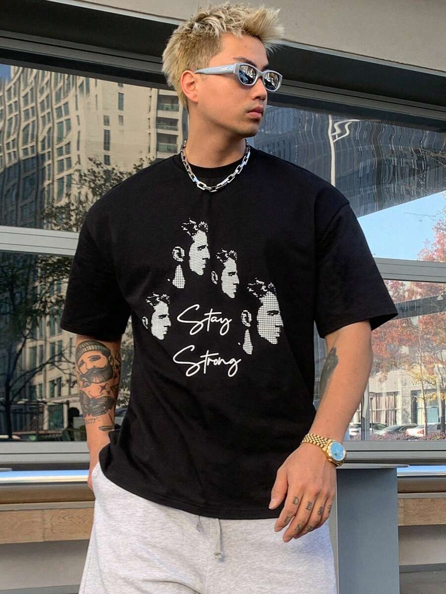 DAZY Summer Pixel People Portrait & Letter Print Black T-Shirt For Men,Graphic Tees - Black - View 1