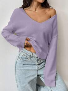 Flirla 女士休闲纯色落肩宽松针织套头毛衣，秋冬针织套头衫 - 紫色 - 查看 3