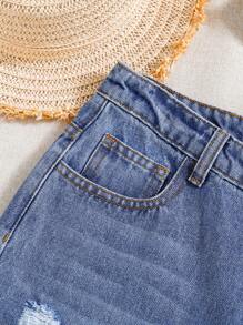 SHEIN Teen Girls' Y2K Low Rised Distressed Ripped Frayed Edge Denim Jeans Long Shorts, Spring Summer Vacation Beach Outfits Fashion Outfits - Medium Wash - View 4