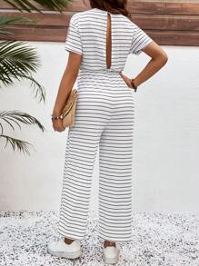SHEIN Maternity Casual Striped Short Sleeve Jumpsuit - White - View 2