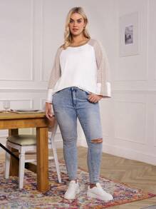 SHEIN LUNE 1 pièce T-shirt ample à manches longues, col rond, à rayures, pour femme grande taille - Beige - Voir 5