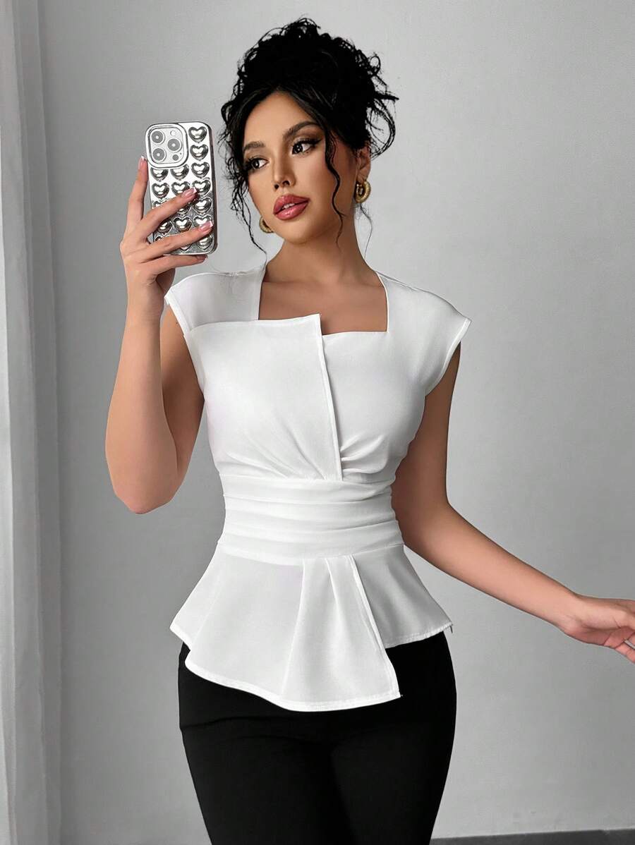 Elenzga Blusa asimétrica sin mangas casual/para el trabajo, de cintura elegante y ajustada, para primavera/verano - Blanco - Ver 1