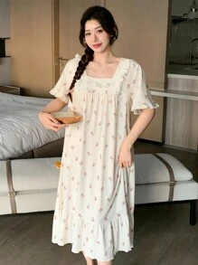 DAZY Ditsy Floral Ruffle Hem Nightgown Pajama - Beige - View 3