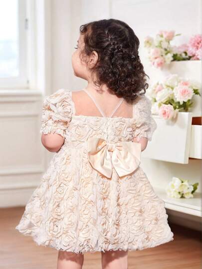 SHEIN Fern Glow  Baby Girls' Princess Floral Sleeves Dress, Suitable For Party, Baby Shower, Wedding Season, For Christmas
