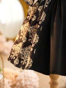 SHEIN Babygirl Glamorous Elegant Cute Gold Pattern Short Sleeve Dress - Black - View 6