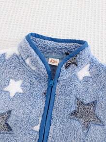 Cozy Pixies Young Boy Star Pattern Fleece Thick Long Sleeve Cardigan, Casual Versatile Suitable For Autumn And Winter