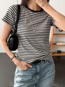 DAZY 女士夏季新款条纹圆领休闲商务短袖 T 恤