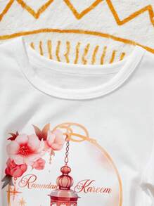 SHEIN 2 pièces Set Ramadan pour bébés filles, Top à manches courtes en maille douce et confortable avec imprimé lanterne et jupe à imprimé floral, convient pour les festivals, le Ramadan, les activités extérieures, les fêtes - Noir - Voir 4