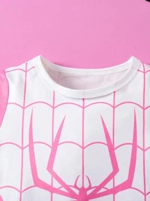 SHEIN Playful Pals 2 件套年轻女孩休闲蜘蛛印花圆领短袖上衣和裙子，适合户外玩耍、游乐园、居家、学校、化妆舞会、春夏 - 粉色 - 查看 6