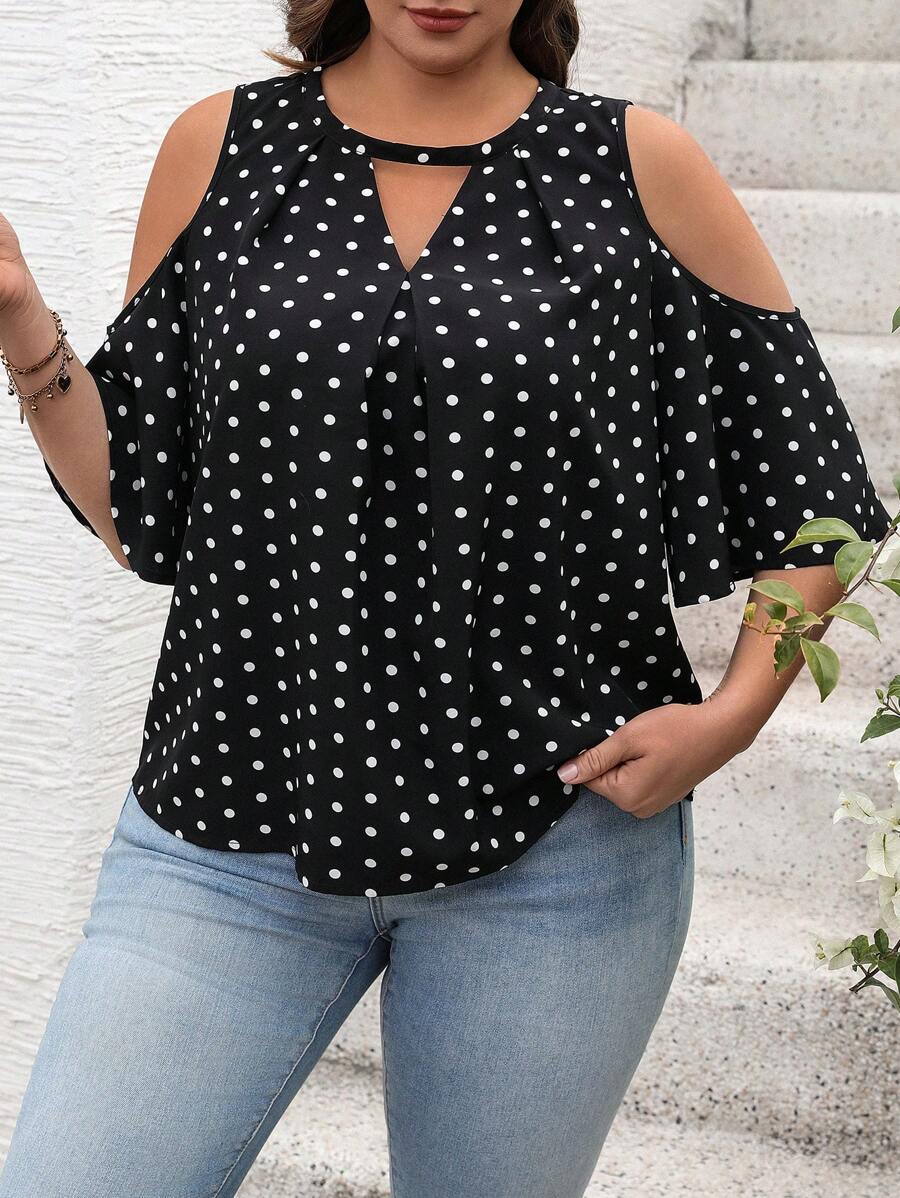 SHEIN VCAY Plus Size Polka Dot Open Shoulder Short Sleeve Blouse, For Summer - Black - View 1