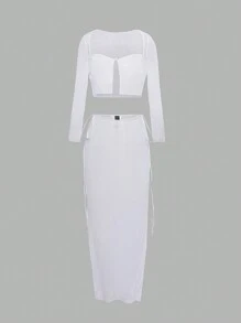 SHEIN Swim Bộ 2 trang phục đi biển, áo sơ mi dài tay cài nút màu trơn và bộ váy dài - trắng - Xem 3