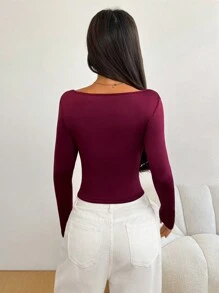 SHEIN EZwear Blusa de cuello alto de punto grueso y acanalado, elástica, de manga larga, en color burdeos, con estilo y sensualidad, para otoño/invierno