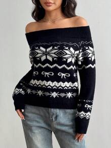 Flirla Black Jacquard Off-Shoulder Loose Knit Sweater, Versatile For Casual Wear & Commute In Autumn/Winter Knit Pullover Fall Sweater - Multicolor - View 5