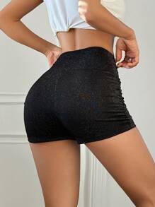SHEIN Unity 女士性感夏季短裤，休闲褶皱高腰紧身短裤，俱乐部派对紧身裤，欧美风格 - 黑色 - 查看 4