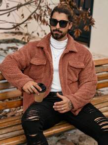 Manfinity CasualCool Men's Solid Color Long Sleeve Cargo Casual Polar Fleece Jacket, Autumn Winter,Men's Solid Color Long Sleeve Jacket, Men Warm Jacket,Winter Men Jacket,Coral Fleece Jacket