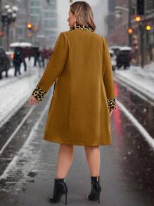 SHEIN Clasi 1 件女式加大码豹纹拼布双排扣口袋长袖夹克，优雅大方，秋冬