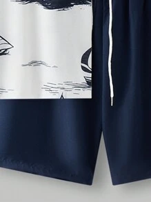 Manfinity RSRT Men's Palm Tree Print Crew Neck Short Sleeve Casual T-Shirt And Drawstring Waist Shorts Set, Vacation, Cozy Outfits - Multicolor - View 6