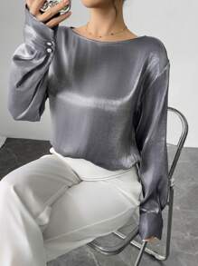 Modelyn Blusa casual de estilo árabe para mujer, de cuello redondo y manga larga, de unicolor - Gris - Ver 4